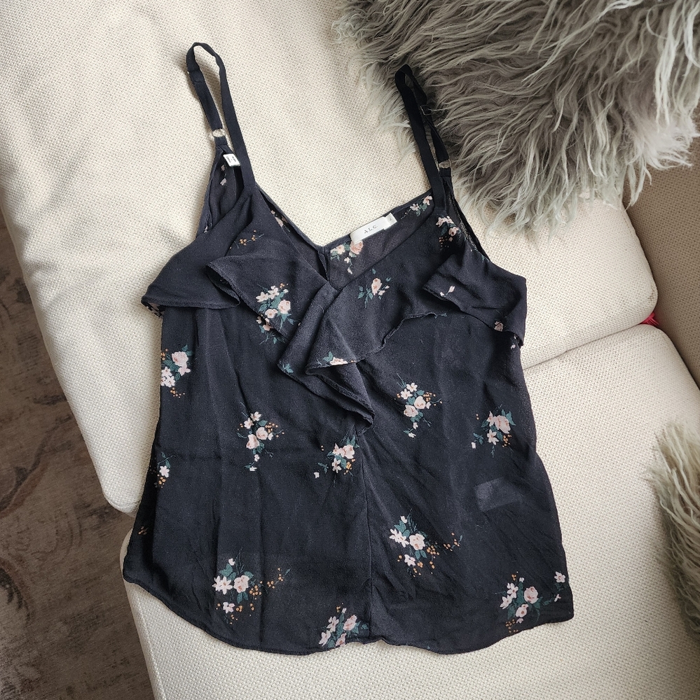 A.L.C Black Floral Ruffle Tank Top